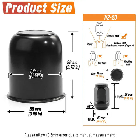 Two Pack Trailer Push Through Center Caps And Lug Nut Set For Trucks And RVs, diagram showing dimensions in mm and inches