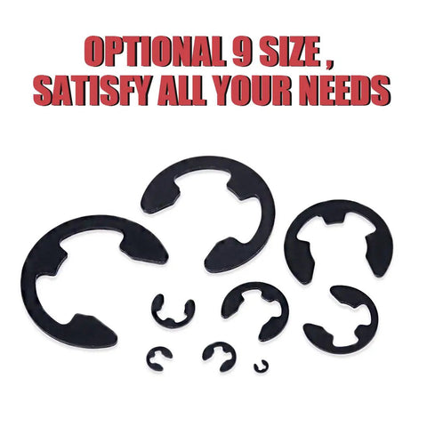 Alloy Steel External E Clip Retaining Ring Set 328 Piece Kit With 14 Sizes From 1.5mm To 15mm shown in various sizes