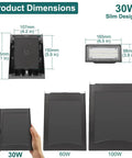 Product dimensions of Kickin Bright 30W LED Wall Pack Light With Dusk To Dawn Photocell, showing size comparison with 60W and 100W models.