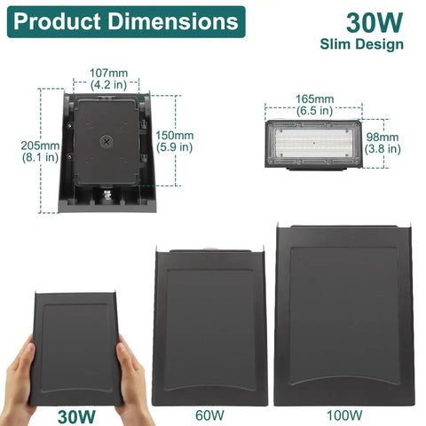 Product dimensions of Kickin Bright 30W LED Wall Pack Light With Dusk To Dawn Photocell, showing size comparison with 60W and 100W models.