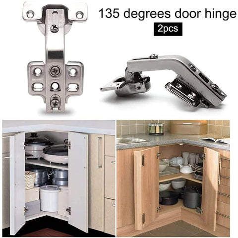 Two Pack 135 Degree Lazy Susan Concealed Cabinet Hinges For Corner Kitchen Cabinets Full Overlay Self Closing Hidden Door Hardware Durable Steel Replacement Hinges For Cupboards And Folded Doors, shown installed
