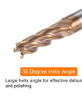 Close-up of Pro Grade Ten Piece Carbide Square End Mill Set, 3.5mm Diameter, 4mm Shank, 50mm Length, TiSiN Coated, 35-degree helix angle.