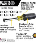 Nut Driver Set With Cushion Grip And Chrome Plated 6 Inch Shafts, 7 Piece Includes Sizes 1/2 to 1/4 Inch, Made In USA, features list