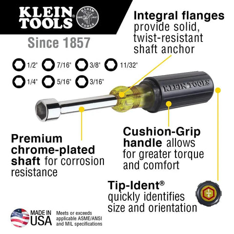 Nut Driver Set With Cushion Grip And Chrome Plated 6 Inch Shafts, 7 Piece Includes Sizes 1/2 to 1/4 Inch, Made In USA, features list