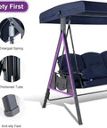 Outdoor Patio Porch Swing With Stand For Three Cushions And Pillow Included Navy Blue All Weather Steel Frame With Adjustable Tilt Canopy