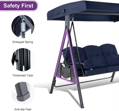 Outdoor Patio Porch Swing With Stand For Three Cushions And Pillow Included Navy Blue All Weather Steel Frame With Adjustable Tilt Canopy