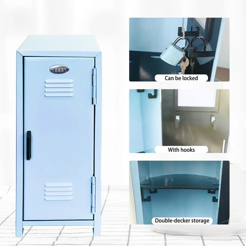 Fresh Blue Mini Metal Locker Box With Reliable Lock And Dope Decorative Stickers Compact Desktop Storage Organizer For Jewelry Cash Stash Girl Gifts Desk Neat Stack with hooks and double-decker storage.