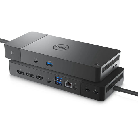 Modular Thunderbolt Dock Delivering Solid Ninety Watt Punch Alongside Flexible HDMI DisplayPort Ethernet Cables, top view with ports.