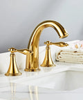 Slick Polished Gold Brass Widespread Bathroom Faucet 3 Hole Mount With Dual Handles Ceramic Cartridge Includes Water Supply Lines Rust And Corrosion Resistant And Built To Last For Sink