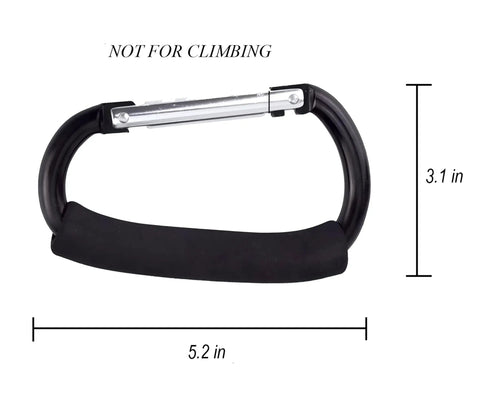 Three Pack 5.2 Inch Carabiner Stroller Hooks Dope Heavy Duty Clips For Hanging Bags Coats Lunch Boxes On Your Baby Stroller Handle Black Perfect For Busy Moms And Dads On The Go, showing dimensions and handle.