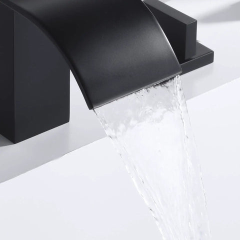 Matte Black Waterfall Tub Faucet Deck Mount Widespread Three Hole Bath Filler With Valve Solid Brass Valves High Flow Laminar Spout