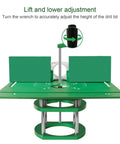 Dead Nuts Accurate Router Table Lift System With Slick Insert Plate For Woodworking Engraving Slotting And Trimming Rigs No Sweat Aluminum Base Pro Rig Setup showing adjustable green lift mechanism.