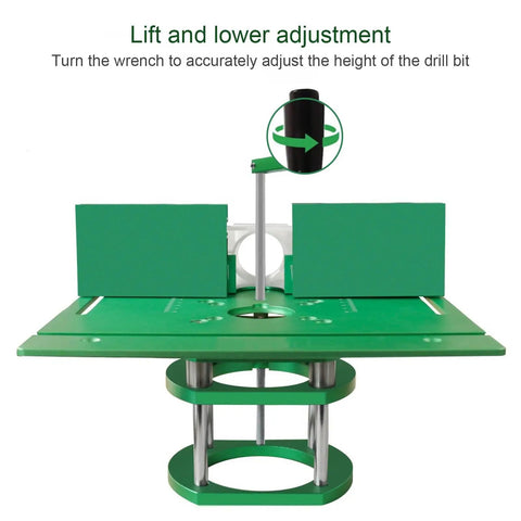 Dead Nuts Accurate Router Table Lift System With Slick Insert Plate For Woodworking Engraving Slotting And Trimming Rigs No Sweat Aluminum Base Pro Rig Setup showing adjustable green lift mechanism.