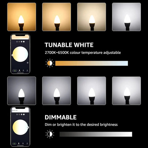 Smart LED E12 Candelabra Bulbs with Tunable White 2700K to 6500K, app dimmable with color temperature and brightness control.