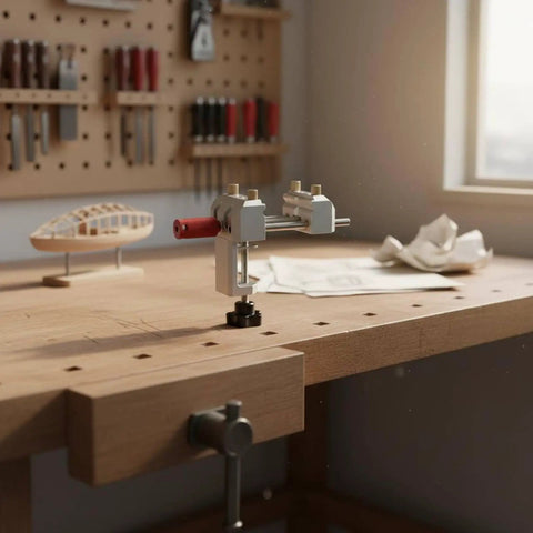Premium Blue Aluminum Bench Vise With Sliding Screw And Brass Jaws For CNC Machining, Home Workshop Clamping, And Precise Mini Table Tool Work on wooden workbench.