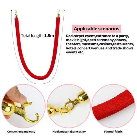 Two Piece Red Velvet Stanchion Rope Set With Polished Gold Hooks for VIP Crowds, red velvet detail and gold hook close-up