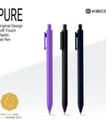 Three Kaco Pure gel pens in purple, black, and blue with soft touch plastic design, displayed upright.