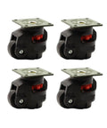 Heavy Duty Nylon Leveling Casters Four Pack Adjustable Swivel Wheels With Flat Top Plates, black wheels with screws and red lock.