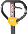 Global Industrial pallet jack handle with yellow safety cover and black steel frame
