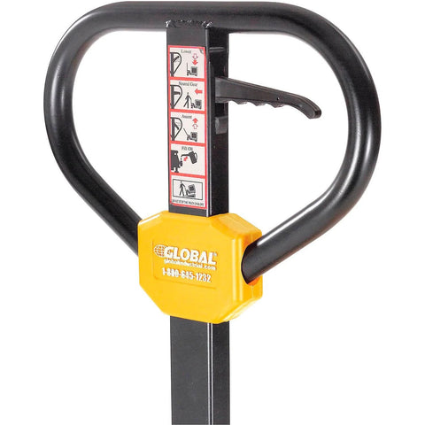 Global Industrial pallet jack handle with yellow safety cover and black steel frame