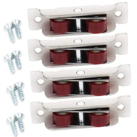 Premium 4 Piece 15 Point 8 Millimeter Wide Nylon Double Pulleys With Heavy Duty Steel Housing That Slides Like Butter For Sliding Doors Windows Cabinets And Drawer Rails with red wheels and screws.