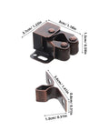 Double Roller Cabinet Door Catch Set Of 12 with soft cushion spring loaded ball latches showing detailed measurements.