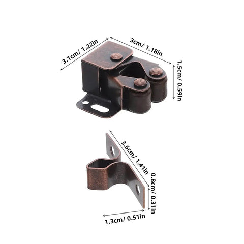Double Roller Cabinet Door Catch Set Of 12 with soft cushion spring loaded ball latches showing detailed measurements.