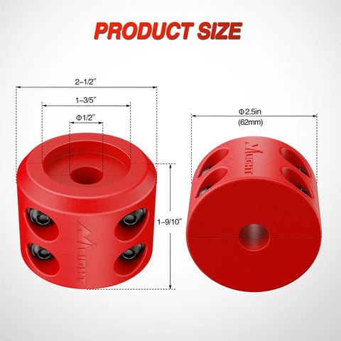 Winch Stopper For ATVs, UTVs, Trucks And SUVs - Rubber Rope Saver To Stop Cable Bounce, Prevent Loosening, And Protect Towing Hook - Includes Stainless Screws, Nuts, Allen Wrench - Red, showing dimensions and size of stopper