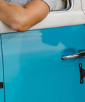 Premium T-Shaped Nylon Trailer Door Catch For Rv Camper And Enclosed Utility Trailers With Heavy Duty Hold Hooks For Secure Cargo Doors Easy Install on blue RV door.
