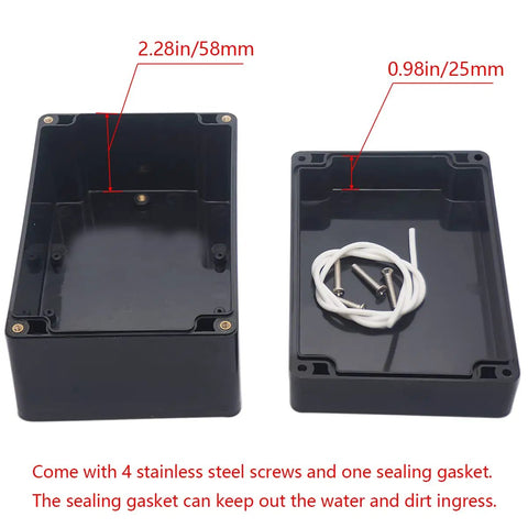 Inside view of Hella Durable IP65 Waterproof ABS Project Case with dimensions showing 2.28in deep and sealing gasket included.