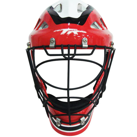 Red hockey helmet front view from 36 Piece Hockey Helmet Repair Kit Includes 6 R Shape Visor Clips 6 Rubber Gaskets 20 Screws With Nuts 4 Chin Strap Adapters And A Screwdriver For Hockey Football Baseball Softball