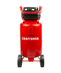 20 Gallon Oil Free Air Compressor With 1.8 HP Motor Pushing A Full 175 PSI Dual Quick Couplers in vivid red with sturdy wheels.