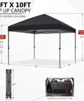 Pop Up Canopy Shelter For Outdoor Patio, Easy One Person Setup In Minutes, Heavy Duty Frame, Portable 10x10 Ft Tent with height diagram