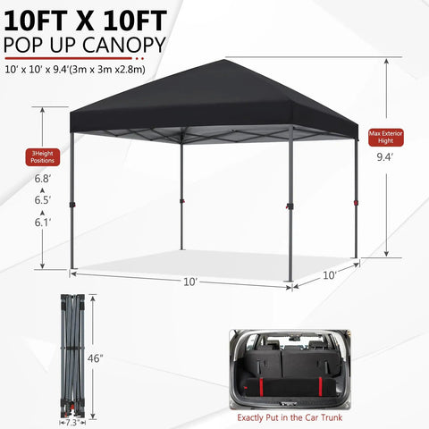 Pop Up Canopy Shelter For Outdoor Patio, Easy One Person Setup In Minutes, Heavy Duty Frame, Portable 10x10 Ft Tent with height diagram