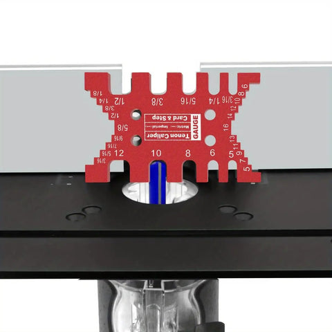 Hella Precise Woodworking Dovetail Jig Crafted From Durable Aluminum Alloy Marking Template Featuring Integrated Tenon Caliper and Table Saw Depth Gauge, close up on marking template.