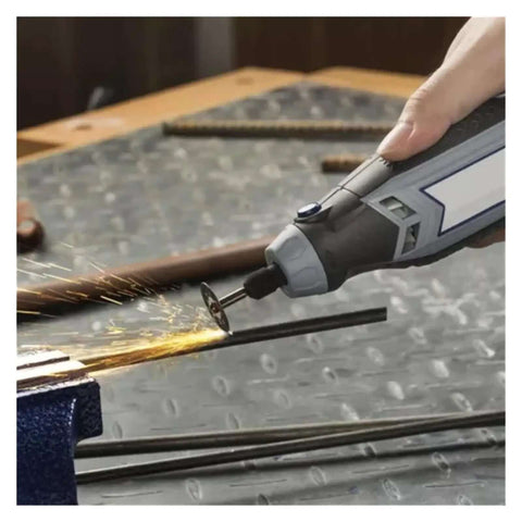 Using 50 Piece Diamond Cutting Wheel Set for drill metal cut off discs, sparks fly from rotary tool on a metal rod.