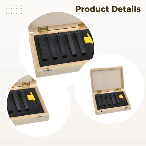 Five Piece Metal Lathe Cutting Tool Set With 10 mm Shank Indexable Turning Bits Carbide Inserts For CNC Machining in wooden case.