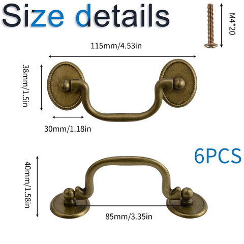 Six Piece Antique Drop Bail Handle Pulls For Cabinets And Dressers, Zinc Alloy Hardware, Easy To Install, Vintage Mission Style