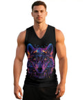 Fly Men's V Neck Tank Top Featuring Dope Mechanical Wolf Print, Quick Dry Workout Shirt And Fitted Muscle Tee Built For Heavy Gym Sessions, Boxing Training Or Easy Summer Hangs In Black Medium worn by a model.