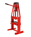 Rock Solid 6 Ton Hydraulic Shop Press With Plates Garage Workhorse Straight Up Engineered For Auto Repair 5.12 Inch Stroke side view of red hydraulic press.