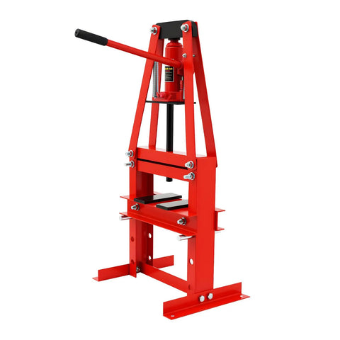 Rock Solid 6 Ton Hydraulic Shop Press With Plates Garage Workhorse Straight Up Engineered For Auto Repair 5.12 Inch Stroke side view of red hydraulic press.