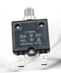 30A L1 Series circuit breaker, black case, showing specifications, 125/250Vac 50Vdc, with mounting hole for automotive systems