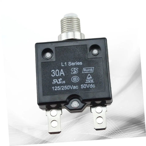 30A L1 Series circuit breaker, black case, showing specifications, 125/250Vac 50Vdc, with mounting hole for automotive systems
