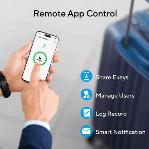 Person using smartphone app for Smart Lock With Built In WiFi And NFC 5 In 1 Keyless Entry Door Lock With Touch Keypad App Control