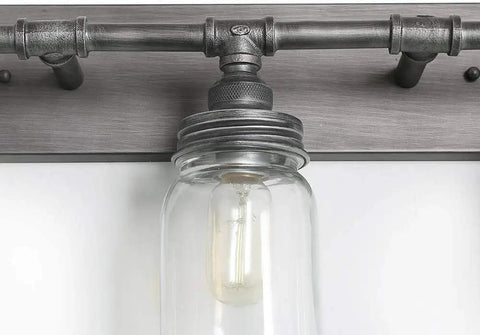 Industrial 3 Mason Jar Vanity Light Fixture, 24 Inch Bathroom Lighting With Antique Silver Brushed Finish and Clear Glass Jars, detail view