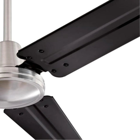 Close-up of 56 Inch Indoor Ceiling Fan With Brushed Nickel Finish And Black Blades For Down Rod Install Boss Quiet Motor Moves Air In Great Rooms