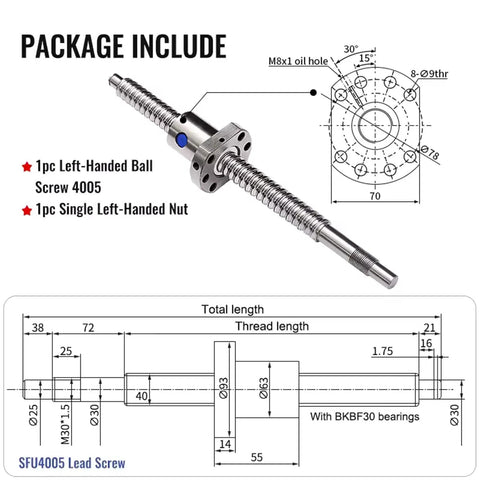 Diagram of Left Hand Thread Ball Screw SFU4005 40mm Diameter 5mm Lead C5 Grade BK30 BF30 End Machined With Single Nut Motion Rail