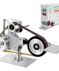 Super Compact 1 By 30 Inch Mini Belt Sander Boasting A Powerful 550 Watt Brushless Motor At 6000 Rpm with side view of belt and motor.