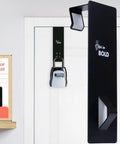 Rock Solid Over The Door Lock Box Bracket Made From Heavy Duty Steel with mount and security lock on a door.