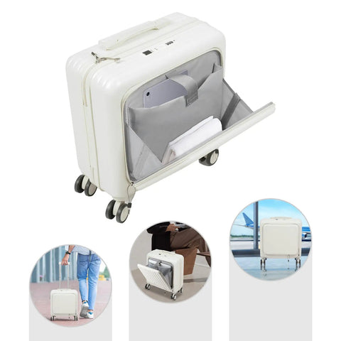 18 Inch Underseat Carry On Luggage With Wheels Lightweight Hard Shell Suitcase For Weekender Trips 180 Degree Top Opening Separate Laptop Compartment Four Smooth Spinner Wheels White